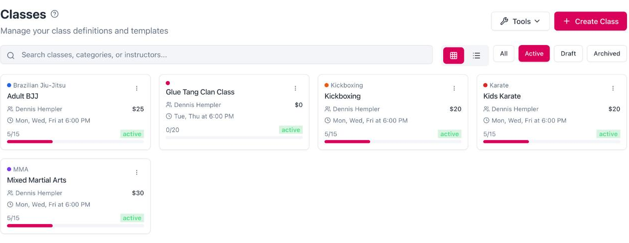 HotGlue Classes screen with enrollment bars, prices, and schedules per class