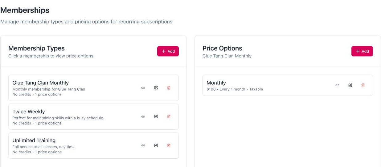 HotGlue Memberships screen with membership types and a $100 monthly recurring price option