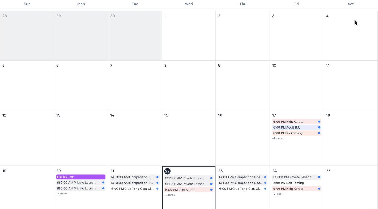 HotGlue monthly schedule with Kids Karate, Adult BJJ, Kickboxing, belt testing, and private lessons